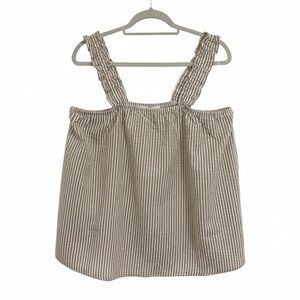 NWT KIKIT White and Tan Striped Shirred Ruffle Strap Tank Top Blouse | Vacation